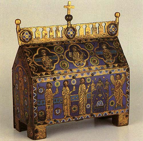 reliekschrijn van verguld en gemailleerd koper. Limoges. 13de eeuw.