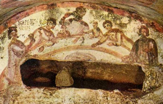 een christelijk liefdesmaal (=agap) boven een graf. Rome, catacombe van de H. Marcellinus en Petrus (Via Labicana)