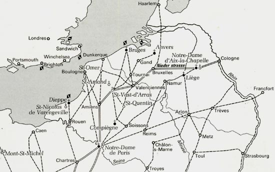 het pelgrimswegennet in Belgi en noordelijk Frankrijk (R. de la Coste-Messelire, 1985)