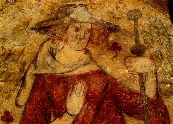 een pelgrim. Fresco, 11de eeuw. Villeneuve-d'Aveyron, kapel St.-Spulchre