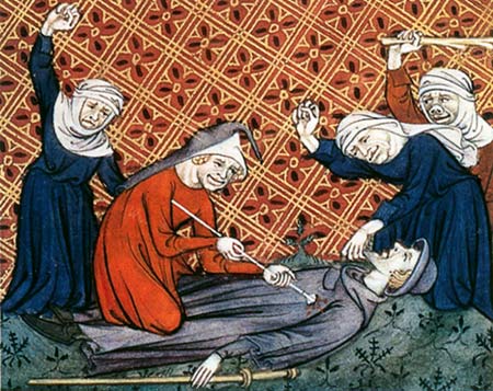 roofmoord op een pelgrim door valse pelgrims. Miniatuur, 1393. Parijs, Bibl. Ste.-Genevive