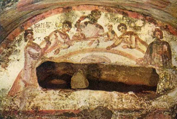 feestmaal (agap) bij het graf van een overledene. Fresco, 3de eeuw. Rome, Via Labicana, Catacombe van de HH. Marcellinus en Petrus