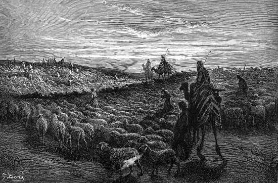 Abraham's reis vanit Ur naar het onbekende Kanan. Gustave Dor, ets, 1866