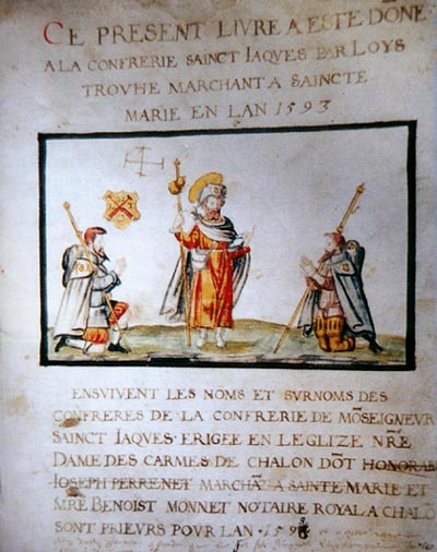 Boek van de St.-Jakobsbroederschap van Chalon, met de statuten, de ledenlijsten, de boekhouding, e.d. (Mcon, Archives Dpartementales)