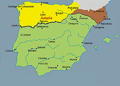 het (groen ingekleurde) Moorse emiraat van Cordoba omstreeks 800, met het (geel gekleurde) christelijke koninkrijk Asturi in Noord-West Spanje