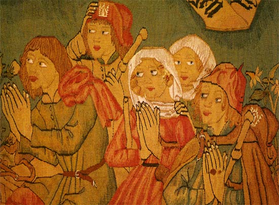 Biddende pelgrims. De vrouwen dragen een witte sluiter. Tapijtfragment, 15de eeuw. Neuviller-ls-Saverne, St. Petrus- en Pauluskerk.