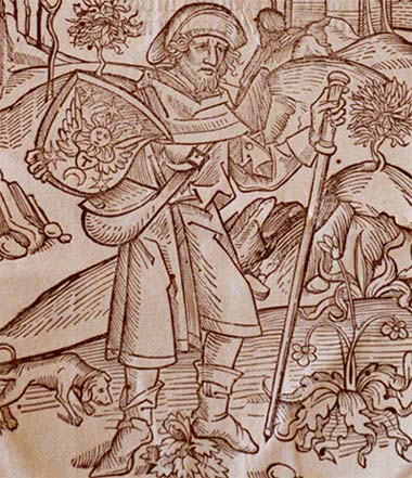 Pelgrim. Houtsnede, toegeschreven aan A. Drer. Eind 15de eeuw.