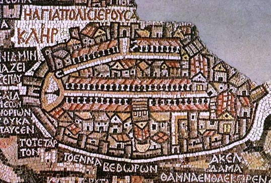 De oudste afbeelding van Jeruzalem. Mozek, 6de eeuw. Jordani, Madaba, St.-Joriskerk