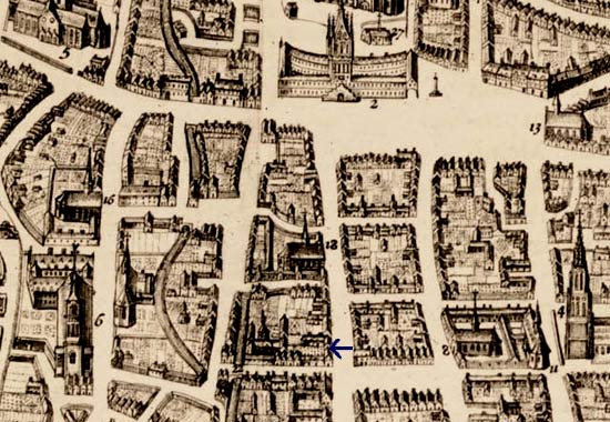 het blauw pijltje toont de plaats van Coninckxdaele in de Rijselsestraat (kaart van Ieper. Joan Blaeu, 1649)