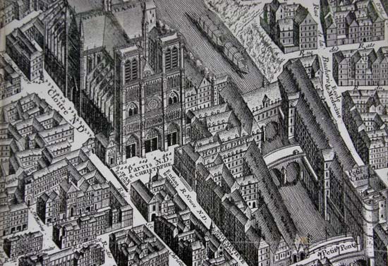 Het Htel-Dieu bij de kathedraal Notre-Dame in Parijs op grondplan van Turgot, 1739