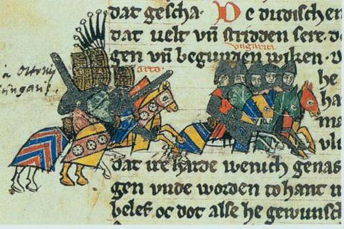 Duitse troepen verslaan de Hongaarse invallers slag van Lechfeld. Miniatuur, ca. 1270. Schsischen Weltchronik. Gotha, Forschungs- und Landesbibl.