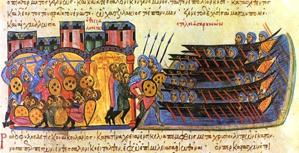 Belegering van Thessalonica door de Saracenen. Miniatuur, 11de eeuw. Skylitzes manuscript. Madrid, Biblioteca Nacional de Espaa.