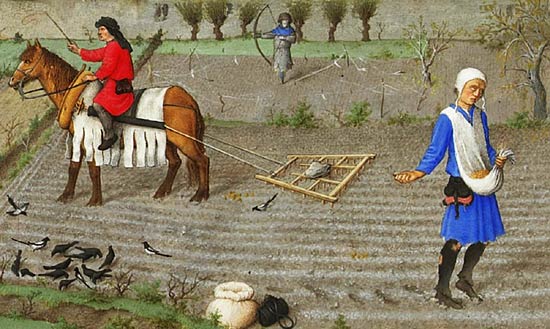Horigen op het veld. Miniatuur, ca. 1412. Gebroeders Van Limburg, Les Trs Riches Heures du Duc de Berry. Chantilly, Muse Cond.