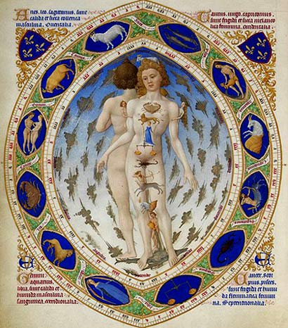 Astrologische invloeden op het menselijk lichaam. Homo astrologicus. Miniatuur, 1411. Gebroeders van Limburg 'Les Trs Riches Heures du Duc de Berry'. Chantilly, Muse Cond.