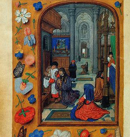 Biecht in de kerk. Miniatuur. Gerard Horenbout, 1520