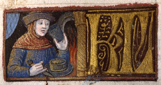 Pelgrim etend bij het haardvuur. Miniatuur, 15de eeuw. Angers, Bibliothque Municipale