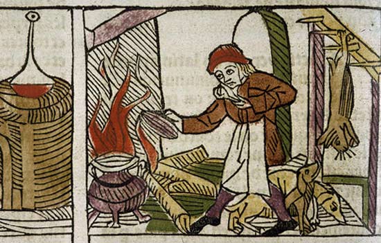Keukentafereel. Miniatuur, 1250. B. l'Anglais, 'Livre des proprits des choses' (Parijs, BNF)