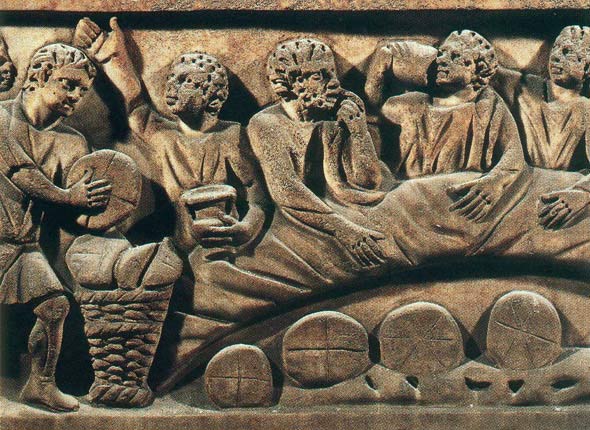 Gezamenlijke maaltijd (agap) van de eerste christenen. Rome, catacomben, sarcofaag, 3de eeuw
