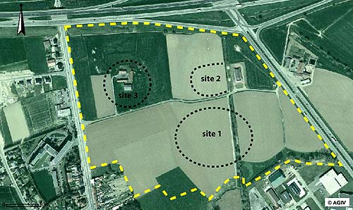 het toekomstig industrieterrein ten noorden van Menen. Op site 1 en 2 zijn resten van een nederzetting n van een weg uit de Romeinse tijd gevonden