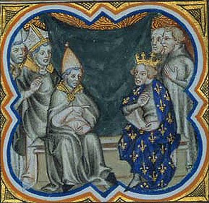 Paus Paschalis II (links), die de hospitaal-broederschap officiel erknde. Miniatuur, 1461. Parijs, BN.