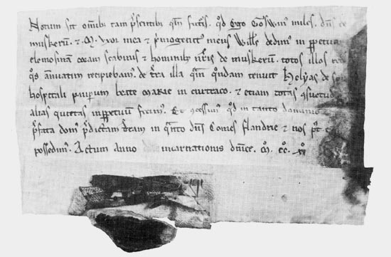 Schenkingshandvest (1211) van ridder Goswijn, Heer van Moeskroen. (Bron: Jos Vanbossele)
