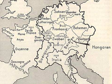 Het middenrijk, het hertogdom Lotharingen, dat in 855 in tween werd verdeeld