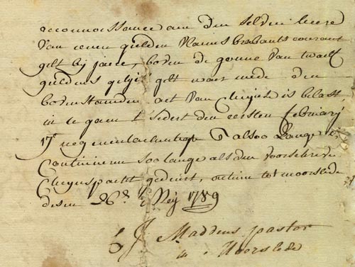 Van pastoor Maddens is geen afbeelding bewaard gebleven, wl dit handschrift (26 mei 1789)