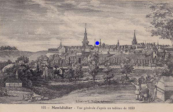 Algemeen zicht op Montdidier in 1740. Het Htel-Dieu is met een blauwe stip aangeduid.