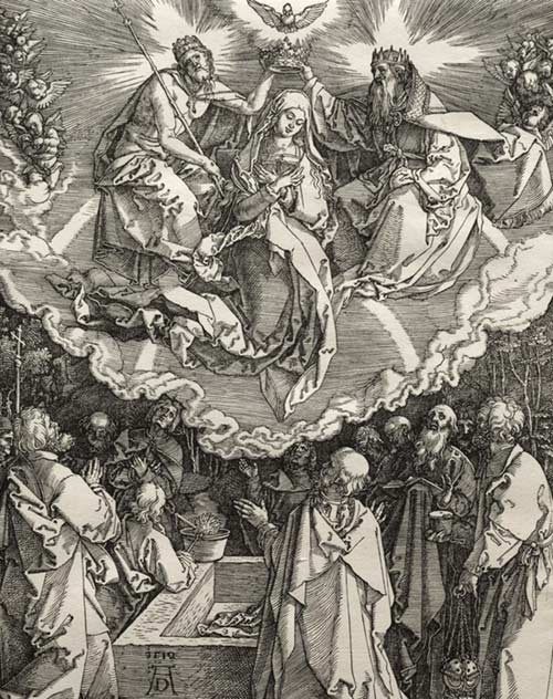 Tenhemelopneming en Kroning van de H. Maagd Maria. Albrecht Drer, ets, 1559. (Cleveland, Ohio. Museum of Art. Bron: Wikimedia)  