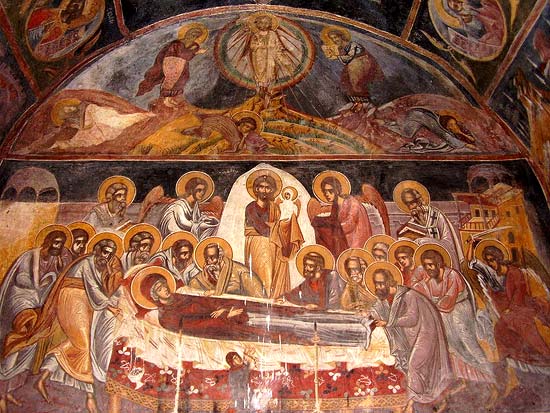 het inslapen (=Dormitio) van Maria. Laat-middeleeuws fresco. Vokovo (Bulgarije), St. Petkakerk.