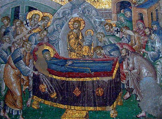 Dormitio Mariae. Mozaek, 14de eeuw. Constantinopel,  Chora kerk