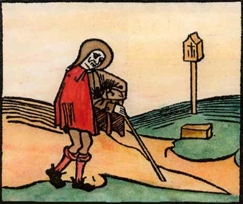 een middeleeuwse pelgrim. Houtgravure (1494)