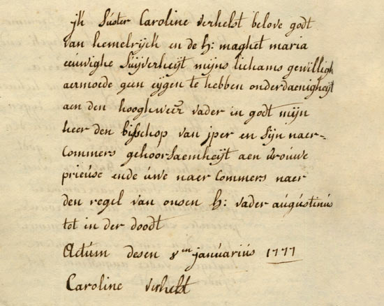 de geloften van Zr Carolina Verhelst in het Register van priorin A. De Wilde (Ieper, 1777)