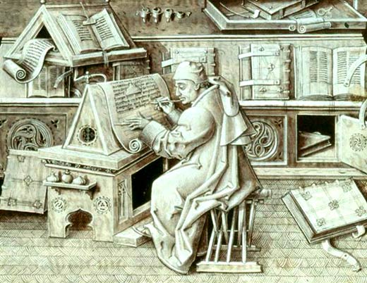 monnik aan het werk in een sciptorium. Miniatuur van Jean Milot (einde 15de eeuw) uit 'Miracles de Nostre Dame'. (Rijsel, kathedraalschat)
