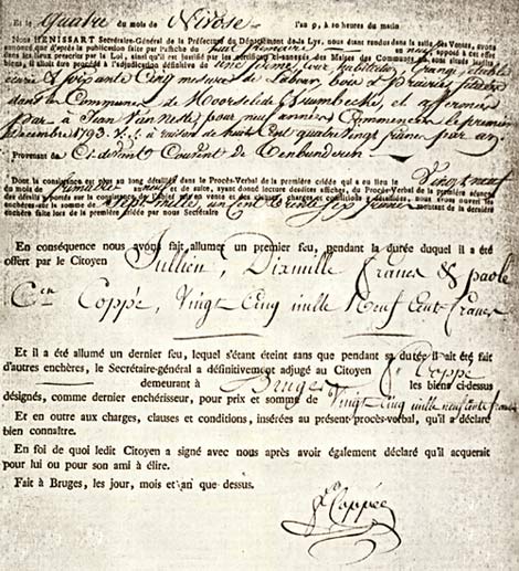 de handtekening van koper P. Coppe onderaan de verkoopsakte (1800)