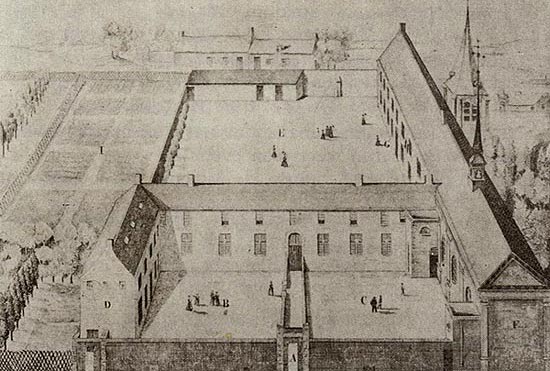 oudste voorstelling van het klooster en de scholen in Moorslede (1840)