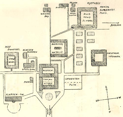 grondplan van de missiepost van de Zusters OLV-ten-Bunderen in Basankusu (1954)