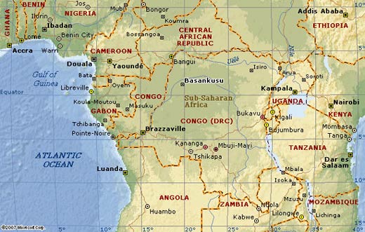 Basankusu op de kaart van Midden-Afrika