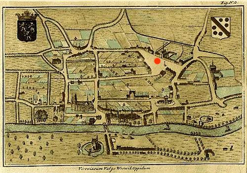 het St. Janshospitaal in Wervik (aangeduid met rode stip). 1649. Kaart van Joan Blaeu uit Verheerlykt Vlaandre van Sanderus.