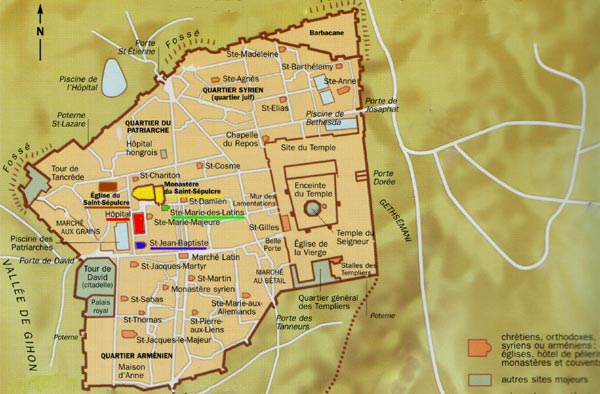 kaart van Jeruzalem in de 12de eeuw met het hospitaal (rood); de St. Jan-de-Doperkerk (blauw); het benediktijnerklooster Sancta Maria Latina (groen); de H. Grafkerk (bruin); het klooster der kanunniken van het H. Graf (geel)