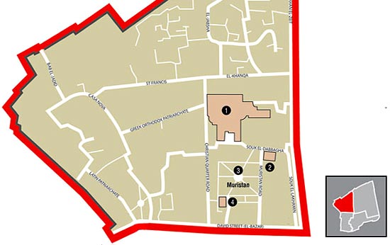 kaart van de christelijke wijk van Jeruzalem nu. 1. De H. Grafkerk. 2. de Lutherse Verlosserkerk, waar vroeger het St. Janshospitaal stond. 3. de wijk Muristan. 4. de St. Jan de Doperkerk.