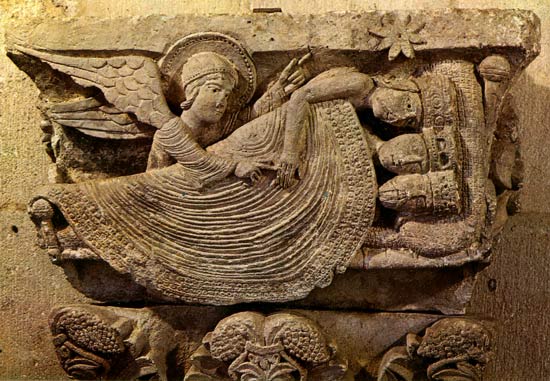Een engel waarschuwt de slapende Wijzen. Kapiteel, 12de eeuw. Autun, kathedraal St.-Lazare.