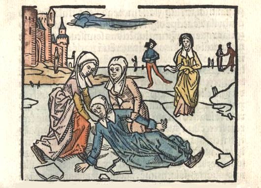 De val van de H. Lidwina tijdens het schaatsen, die haar levenslang verlamd maakte. Ets uit de 'Vita alme virginis Liidwine', 1498. Schiedam, Gemeentearchief.