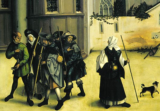 Groep mannelijke en vrouwelijke pelgrims. Altaarstuk, begin 16de eeuw in Augsburg. Hans Burgmair de Oude.