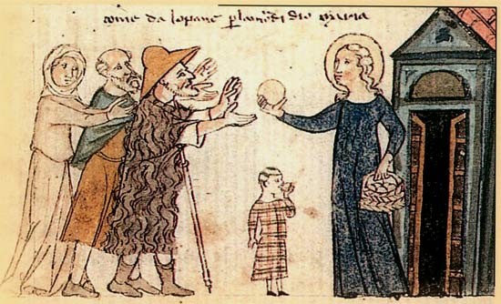 Groepje pelgrims bedelt om eten. Italiaanse miniatuur, 14de eeuw. Parijs, Bibl. Nat.
