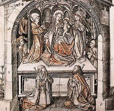 Bedevaarders in gebed voor het Madonnabeeld van Einsiedeln. Ingekleurde ets, 1466. Berlijn, Staatliche Museen.
