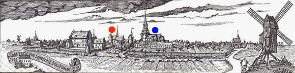 Roubaix. Ets, 1699. hospitaal St. Elisabeth (rode stip) en de St. Martinuskerk (blauwe stip)