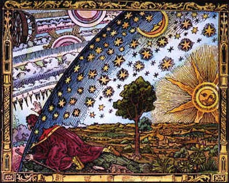 De pelgrim op het raakpunt van aarde en hemel. C. Flammarion, Houtsnede, 1888.