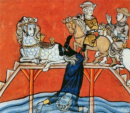 Pelgrim te paard plonst, bij het oversteken van een brug, in het water. Miniatuur, 13de eeuw. Parijs, Bibl. Nat.