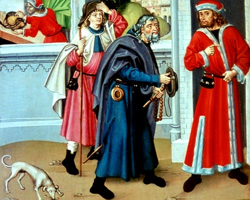 Pelgrims arriveren bij een gasthuis. Detail Hongaars altaarstuk, 1475.